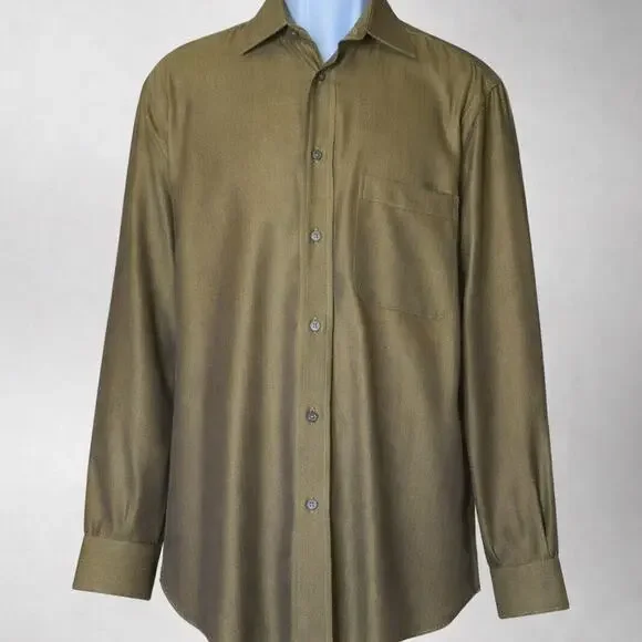 Brioni Sport Italy Olive Herringbone Cotton Shirt Mens M Luxury Classic Fit - Picture 2 of 10
